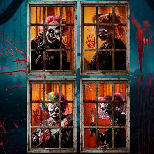 SmoothNovelty 4 Pack Halloween Window Decorations Halloween Clown Curtain Scary Window Silhouettes Cover, Horror Clown with Blood for Garage Door