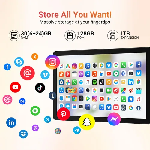 Miniatura 4 de URAO Tableta, tableta Android de 10.1 pulgadas con procesador Octa-core 30GB RAM 128GB ROM HD IPS pantalla táctil 8H batería, Wi-Fi 6, BT 5.4