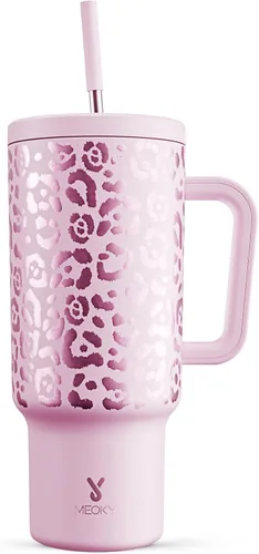 Miniatura 31 de Meoky - Vaso de 30 oz con asa, tapa y pajilla, taza de viaje térmica de acero inoxidable 100% a prueba de fugas, para portavasos, mantiene el frío