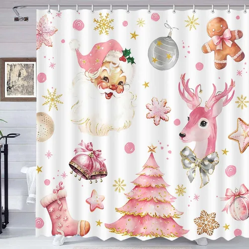 Miniatura 8 de AIBIIN - Cortina de ducha de Navidad con copo de nieve de invierno, árbol de Navidad, para baño, campana de ciervo de Navidad, decoraciones