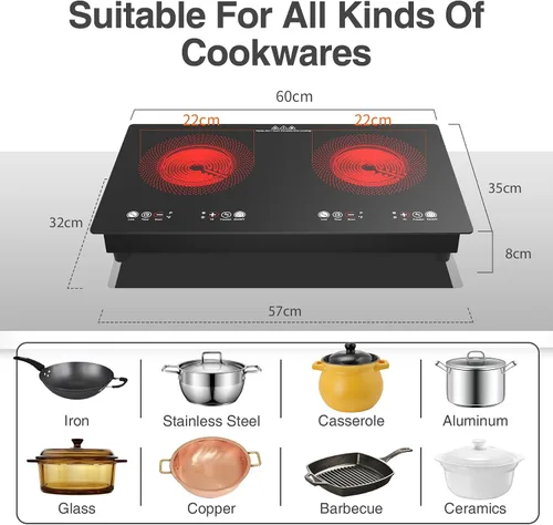 Miniatura 2 de VBGK Cocina eléctrica, 110 V, 24 pulgadas, 2 quemadores, estufa integrada y encimera, estufa de 2200 W, 9 niveles de potencia, bloqueo