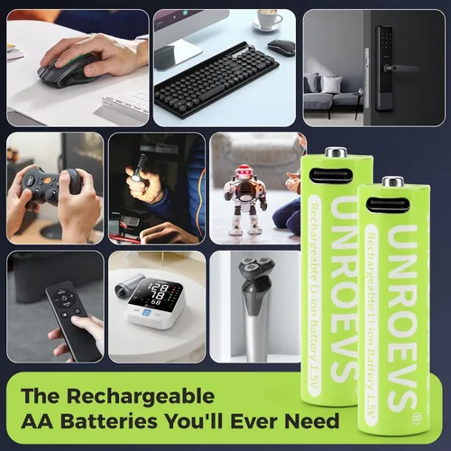 Miniatura 3 de UNROEVS Baterías AA de litio recargables USB, 3400 mWh 1.5 V recargable doble A con cable USB-C 2 en 1, carga rápida de 2 horas, más de 1200 ciclos.