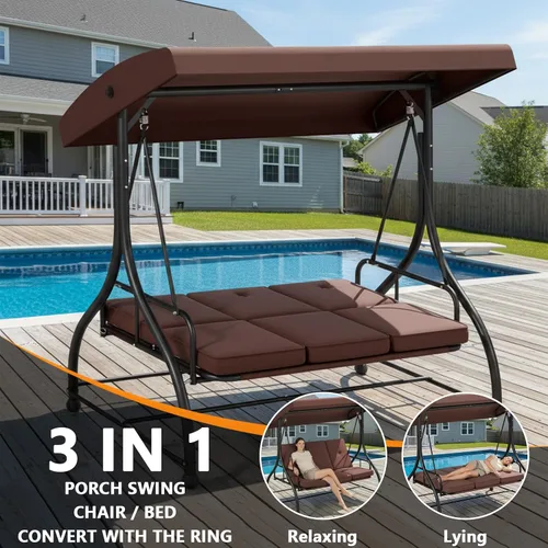 Miniatura 2 de Columpio para porche al aire libre de 3 asientos con soporte, capacidad de 760 libras, columpio de patio resistente para adultos, columpio Marrón