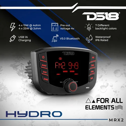 Miniatura 2 de DS18 Hydro MRX2 Marine and Powersports - Receptor de centro multimedia con radio AM/FM, USB y Bluetooth, 2 zonas, salida de 4 voltios, BT, RDS 4 x