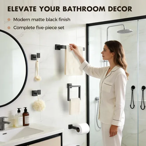 Miniatura 6 de Juego de accesorios de baño con barra de toallas: 10 piezas de hardware de baño negro mate SUS304 de acero inoxidable - Toallero montado en la pared