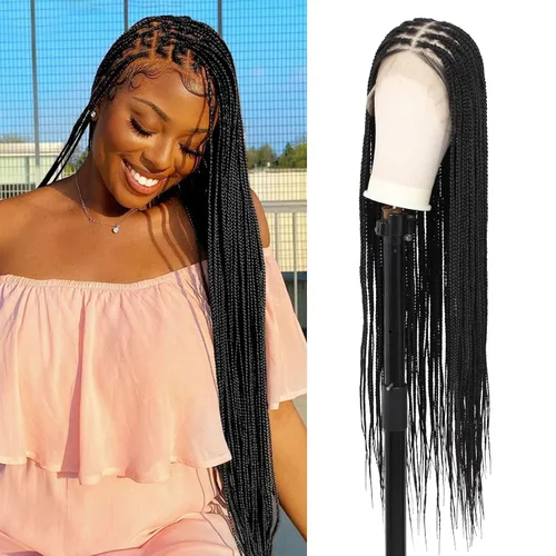 Miniatura 11 de Pelucas trenzadas Fecihor para mujeres, pelucas delanteras de encaje sin nudos con cabello de bebé, trenza tipo "box", 13x8 pulgadas, pelucas