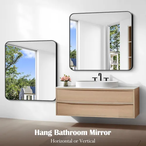 Miniatura 8 de Espejo de baño de 40 x 36 pulgadas, espejo rectangular de pared negro con marco de metal, espejo de tocador rectangular con esquinas redondeadas