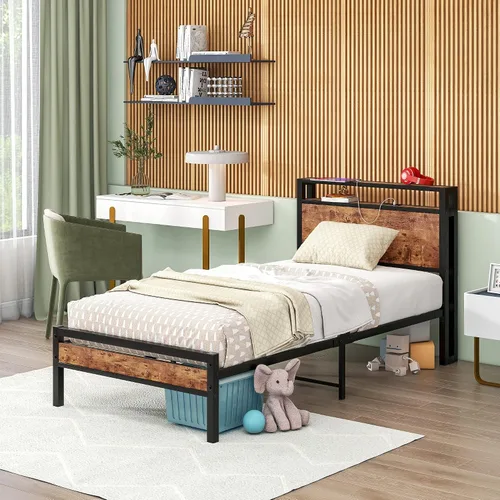 Miniatura 3 de HOJINLINERO Base de cama individual con cabecera de almacenamiento/estación de carga USB, marco de cama de plataforma individual, tamaño individual