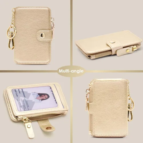 Miniatura 78 de Cartera con llavero, tarjetero con bloqueo RFID de piel, funda para tarjetas de crédito con cremallera para mujer