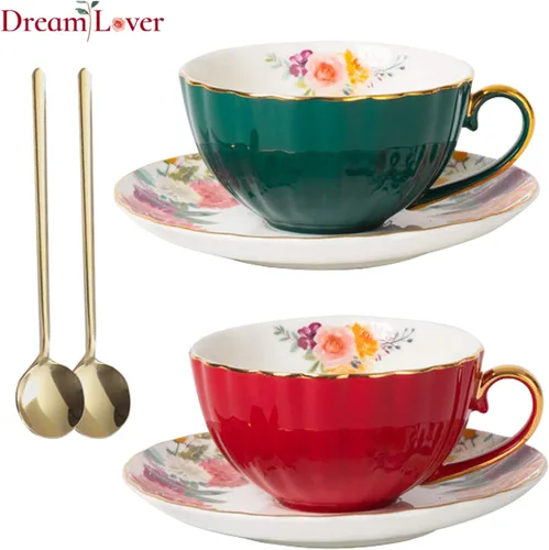 Miniatura 2 de A-SZCXTOP Taza de té de porcelana, juego de 2 tazas de café expreso (8 onzas) con platillos y cucharas, caja de regalo, juego de tazas de café