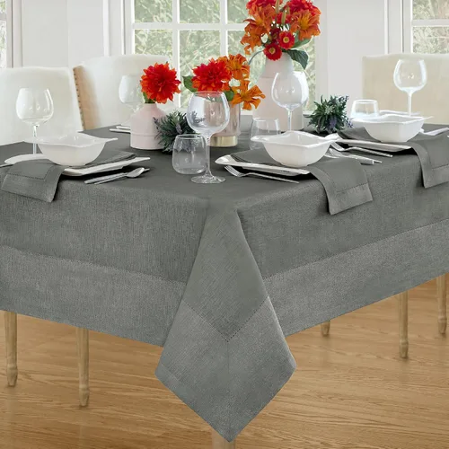 Miniatura 10 de Elrene Home Fashions Villeroy and Boch New Wave - Mantel de tela de lino con borde metálico, redondo, 90 pulgadas, blanco/plateado