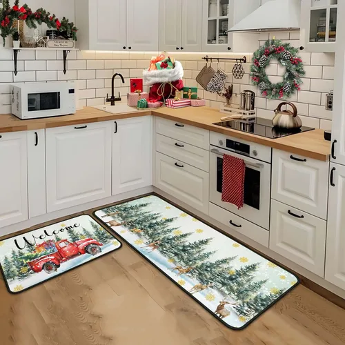 Miniatura 7 de Juego de 2 alfombras y tapetes de cocina navideñas para camiones, decoraciones navideñas para el hogar, antideslizantes con respaldo, alfombras