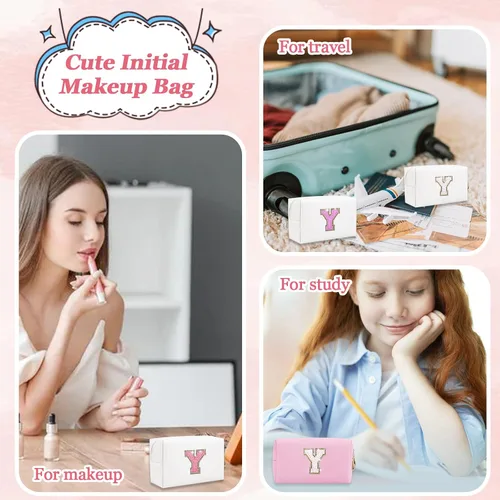 Miniatura 5 de Bolsa de maquillaje con parche de letra inicial personalizada, bolsa de cosméticos de chenilla preppy con letra de chenilla con cremallera, Y