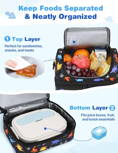 Miniatura 3 de VASCHY - Lonchera para niños, bolsas de almuerzo aisladas de dos compartimentos para niños y niñas con correa para el hombro para la escuela