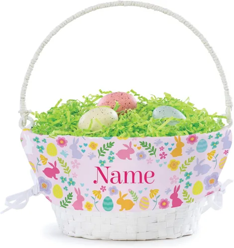 Miniatura 3 de Cesta de huevo de Pascua personalizada con diseño de flores de conejo con asa y nombre personalizado, forros de canasta de Pascua rosados, canasta