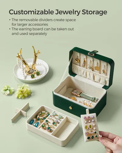 Miniatura 5 de SONGMICS Caja organizadora de joyas, estuche de viaje de 2 capas para aretes, collares, pulseras, almacenamiento portátil de joyas con gran Verde