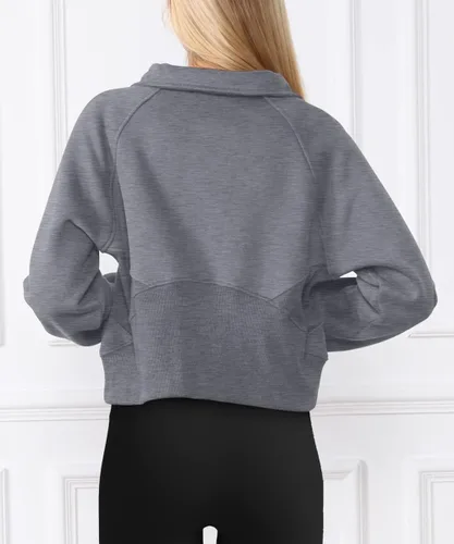 Miniatura 4 de Trendy Queen Sudadera corta con media cremallera para mujer, sudadera de forro polar con cremallera de un cuarto, ropa de invierno, suéter