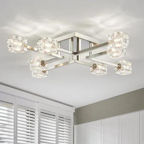 Miniatura 19 de XINGQI Lámpara de techo moderna de 6 luces, lámpara de montaje semiempotrado Sputnik, lámparas de araña doradas en negro para recámara, comedor