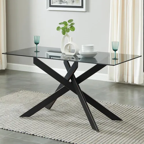 Mesa de comedor de estilo moderno con parte superior de vidrio templado gris y patas tubulares de metal negro, 58.5 pulgadas de largo x 29 pulgadas