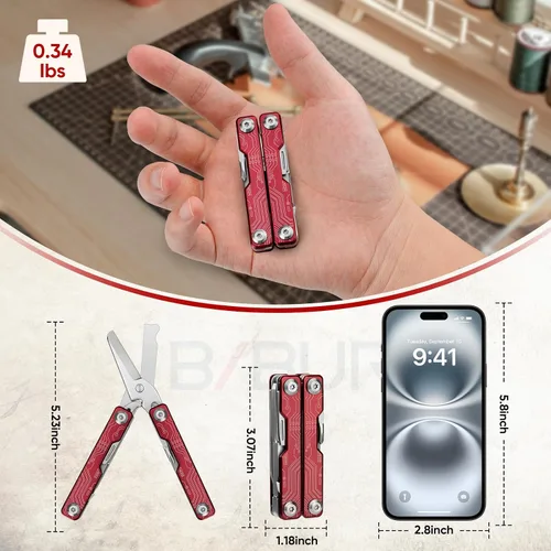 Miniatura 3 de BIBURY Mini Llavero Multiherramienta Tijeras BI2061R, 9 en 1 Multiherramienta EDC Tijeras con Destornillador, Abrebotellas, Cuchillo de Bolsillo