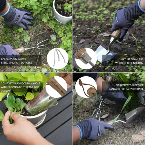 Miniatura 3 de GOODSMANN Juego de herramientas de jardín de 3 piezas de pala, trasplantador y cultivador, kit de jardinería de acero inoxidable resistente, pala