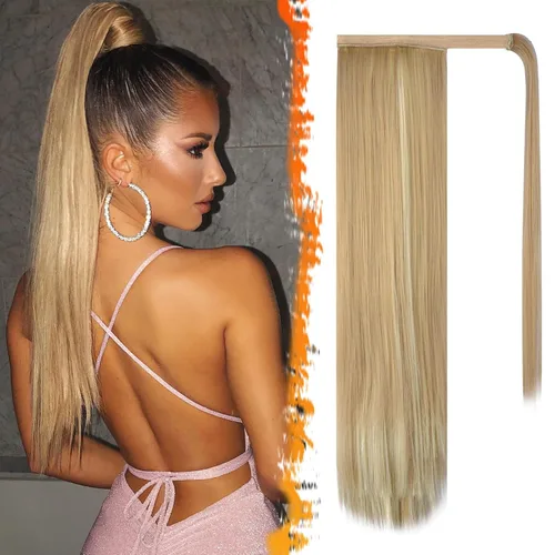 Miniatura 10 de BARSDAR Extensión de cola de caballo de 28 pulgadas largo recto envoltura alrededor del clip en pelo de fibra sintética para mujeres, negro