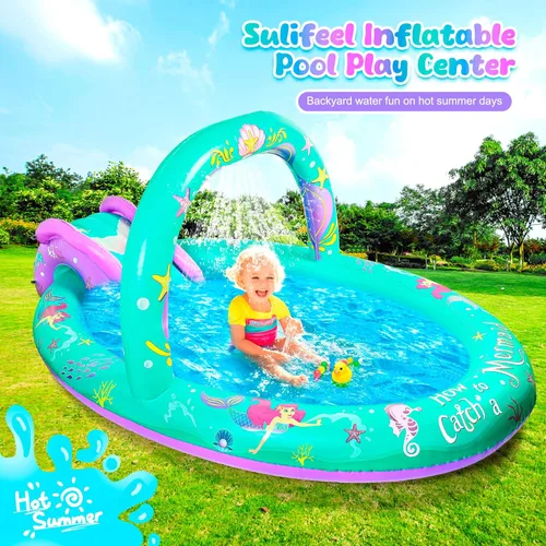 Miniatura 2 de SULIFEEL Centro de Juego Inflable de Sirena Piscina para Niños con Tobogán y Aspersor para Niños, 96''x59''x39'' Piscina para Bebés para Patio