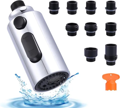Cabezal de Repuesto para Rociador de Grifo Desplegable, Boquilla de Cabezal Rociador Extraíble Cromada de 3 Funciones con 9 Adaptadores para Grifo