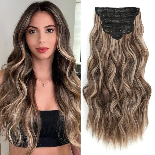 Miniatura 15 de Fliace Extensiones de cabello con clip para mujer, extensiones de cabello ondulado largo de color marrón medio, extensiones de cabello sintético