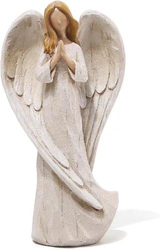Miniatura 11 de Hodao Figura de ángel con corazón rojo, aspecto tallado en madera de resina de 5.1 pulgadas con alas de alambre de metal, decoración