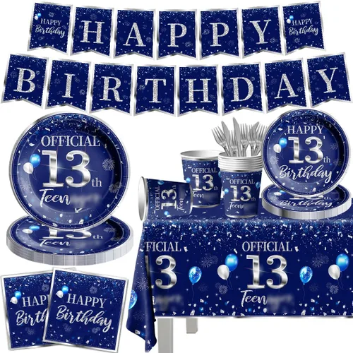 Miniatura 13 de Juego de vajilla de 142 piezas para decoración de cumpleaños número 50, color plateado y azul, suministros de fiesta de cumpleaños número 50