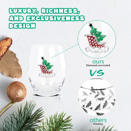 Miniatura 3 de Vipush Juego de Copas de Vino Navideñas de 4 - 18 Oz Vasos para Beber con Cristal Navideño sin Tallo Copas de Vino de Vacaciones Regalo Cristalería