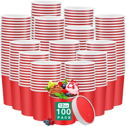 Miniatura 7 de Irenare 100 vasos de papel para helado de 12 onzas con tapas, cuencos desechables para postres, recipientes de sopa caliente, recipientes de papel