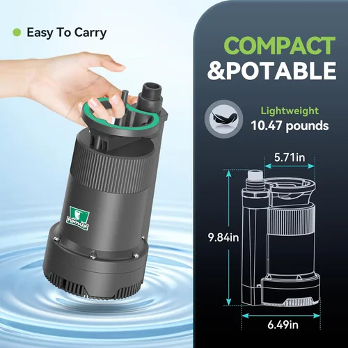 Miniatura 4 de PUMPMAN Bomba de agua portátil de 1/4 HP, bomba sumergible de utilidad de 2110 GPH con manguera de jardín de 3/4 pulgadas, adaptador de válvula