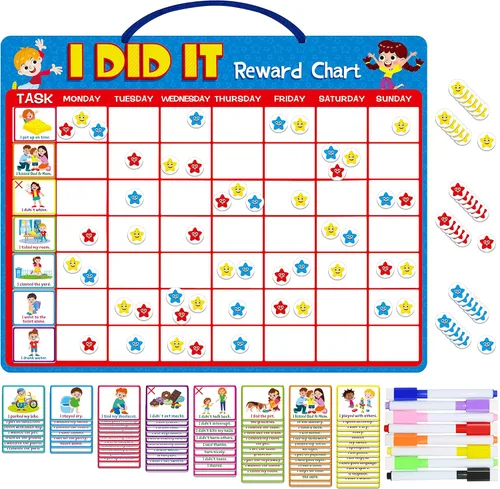 Tabla de recompensas magnética, tablero de tareas de responsabilidad y comportamiento para niños de borrado en seco - 84 tareas (incluyendo 7 en