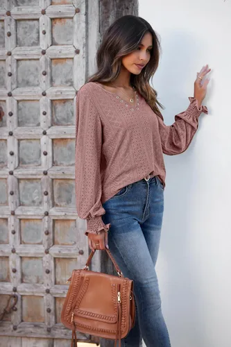 Miniatura 3 de Zeagoo Camisetas casuales con cuello en V para mujer, con volantes, manga larga, con ojales, holgadas, tallas S-XXL