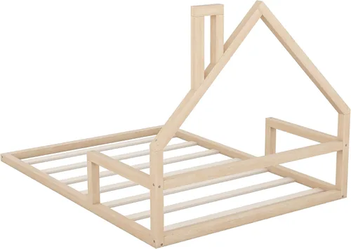 Miniatura 7 de MERITLINE - Cama de suelo de tamaño matrimonial para niños, marco de cama Montessori de madera con cabecera y rieles en forma de casa, plataforma