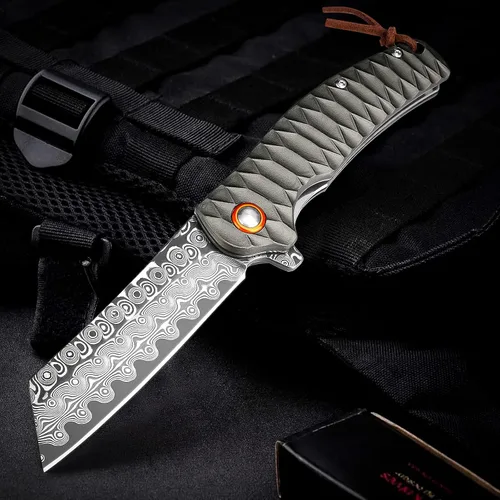 Miniatura 2 de Cuchillo de bolsillo AUBEY de Damasco, hoja de acero de Damasco de 3.34" con molino hueco, cuchillo plegable con rodamiento de bola, mango
