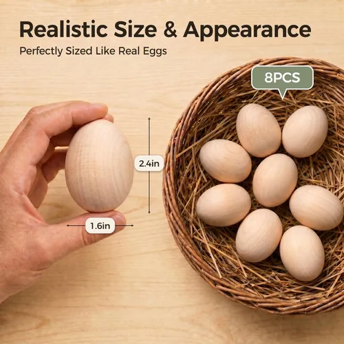 Miniatura 2 de DomeStar Huevos de pollo falsos de madera, 8 huevos de madera sintética sin pintar de 2.5 pulgadas para alentar a las gallinas a colocar