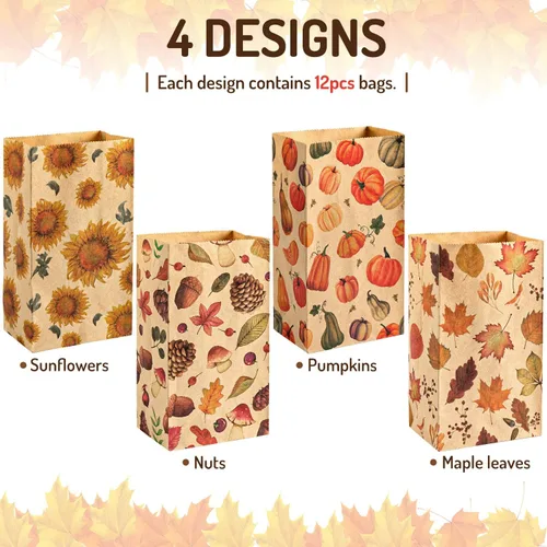 Miniatura 2 de Whaline 48 bolsas planas de otoño para golosinas, papel kraft, calabazas, hojas de arce, girasoles, nueces, bolsa de regalo para regalos de fiesta