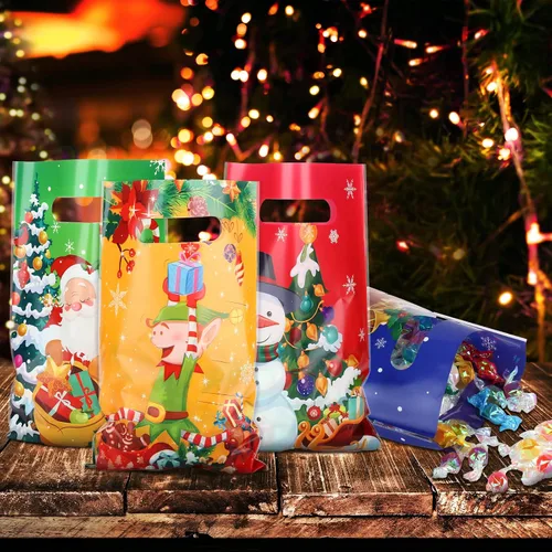 Miniatura 7 de Hotop - 150 bolsas de Navidad para aperitivos, recuerdos de fiesta de plástico con asas, envoltura de regalo para suministros de decoración