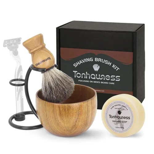 Kit de brochas de afeitar para hombres, 4 en 1, incluye cepillo de afeitar de pelo de tejón, cuenco de madera, soporte de afeitado de acero 4 en 1