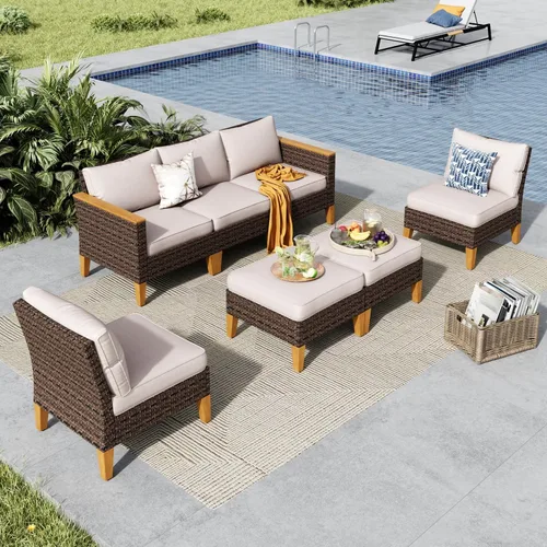 Miniatura 10 de MFSTUDIO Juego de 2 muebles de ratán para patio, sofá biplaza de mimbre para exteriores, juego de conversación para jardín, piscina, patio trasero