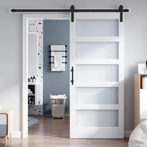 Puerta corrediza tipo granero con 5 paneles de vidrio esmerilado, madera laminada enchapada y revestimiento PVC, kit de herraje 6.6 pies, Blanco