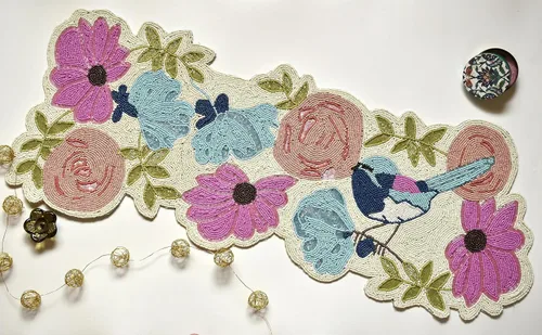 Camino de mesa hecho a mano con cuentas con diseño de pájaros, multicolor, camino de mesa de primavera para casa de campo, decoración de mesa para