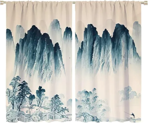 Miniatura 44 de Cortina japonesa con diseño de cerezo en flor, montañas, río, nubes, pinos, paisaje, naturaleza, asiático, anime, oscurecimiento de habitación