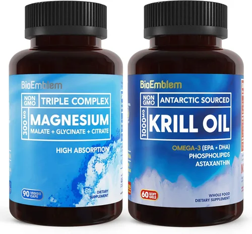 BioEmblem Complejo triple de magnesio y aceite de krill antártico, apoya el sueño y la salud cerebral, la salud del corazón y las articulaciones,
