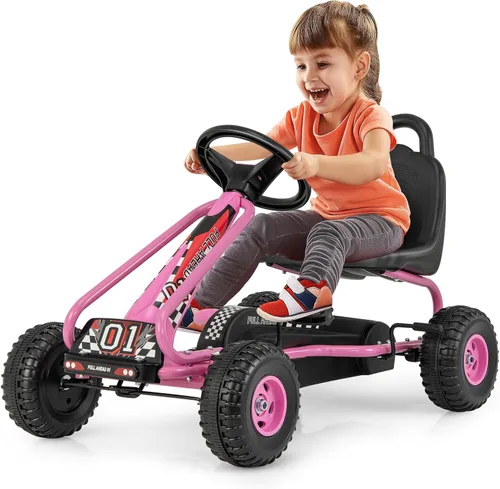 Miniatura 10 de Costzon Go Kart para niños, carrito de 4 ruedas alimentado por pedal con asiento ajustable, freno de mano y ruedas antideslizantes, auto de pedal