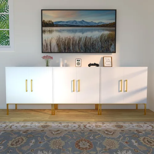 Miniatura 9 de JOZZBY Aparador de buffet con almacenamiento, gabinete de madera moderno con estantes ajustables, gabinetes blancos y dorados para sala de estar