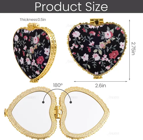 Miniatura 2 de AUEAR, Paquete de 4 pequeñas flores portátiles espejo de maquillaje retro floral doble cara monedero para viaje cosmético corazón